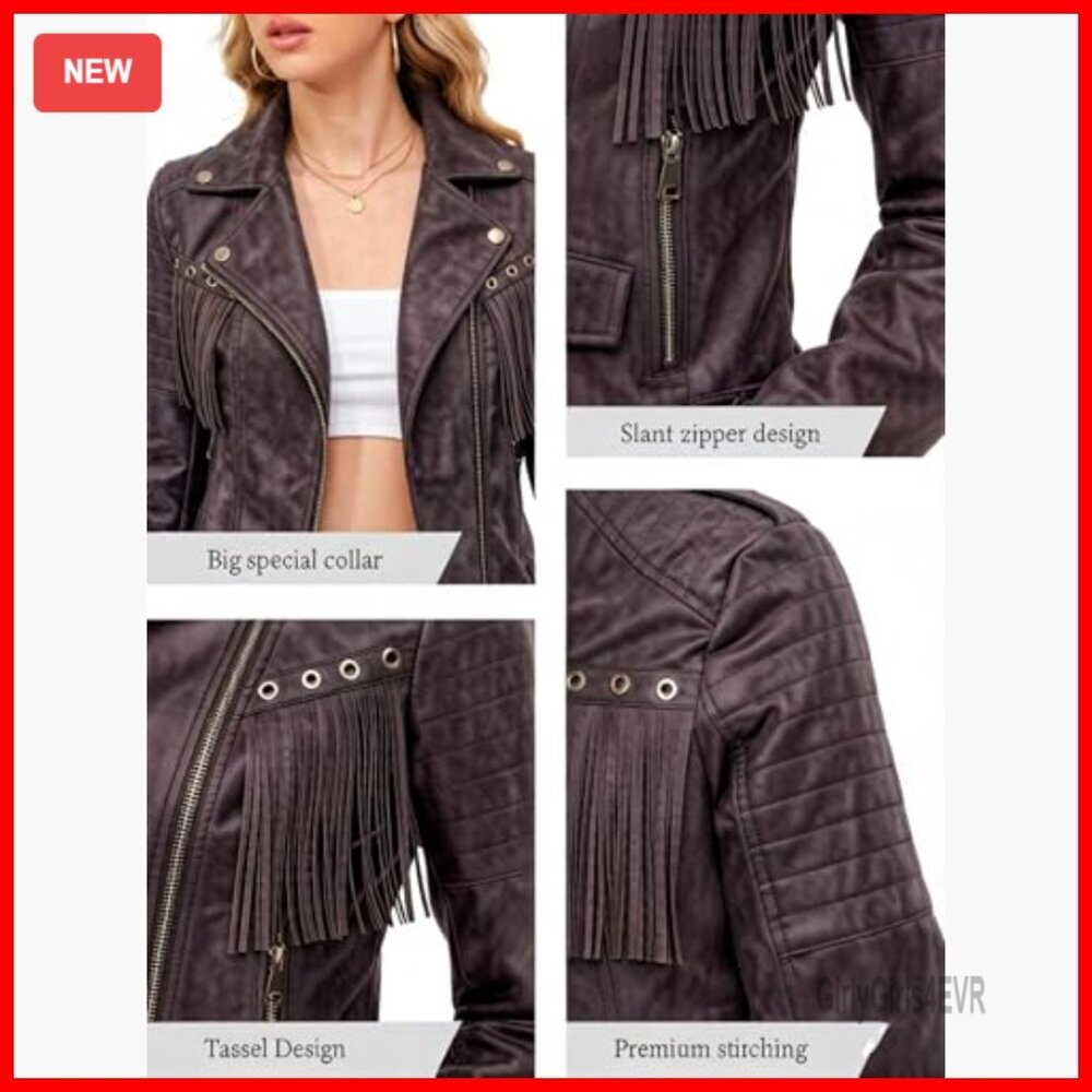 Short Faux Leather Moto Jacket with Tassel Trim and Belt - Picture 6 of 7